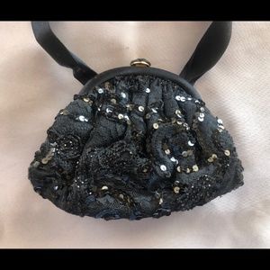 Vintage Chanel Black Satin Sequined Lace Evening Bag